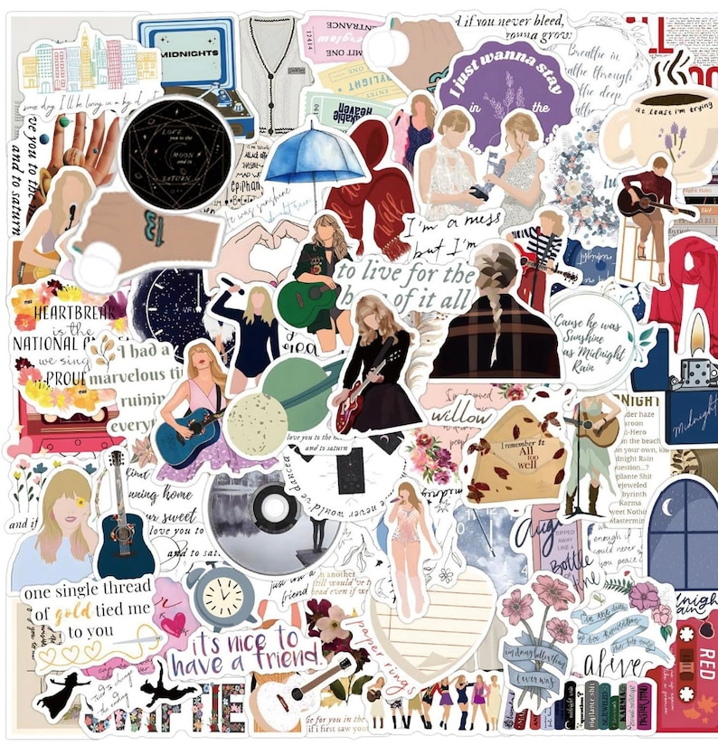 May include: A collection of colorful stickers featuring illustrations of a singer with guitars, quotes, and album art. The stickers include images of a cityscape, a record player, and a blue umbrella.