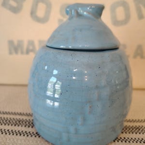 May include: A light blue ceramic jar with a lid. The jar has a rounded body and a small handle on the lid. The surface has a crackle glaze effect. The background is a blurred image of text.
