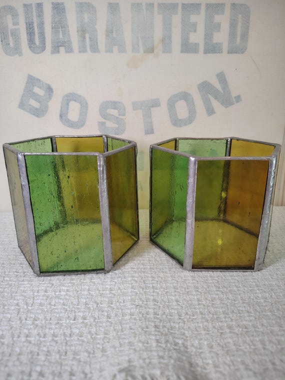 Vintage Leaded Stained Glass Candle Holders
