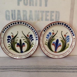 May include: Two round ceramic plates with cream-colored centers and brown rims. Each plate features a hand-painted floral motif in blue, green, and red. The left plate reads "Save yourself pains by taking pains" and the right reads "If you cant be asy be as asy as you can".