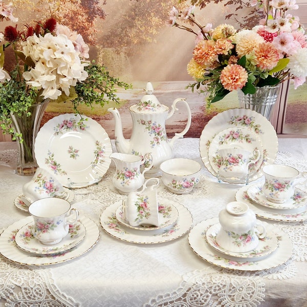 Royal Albert Moss Rose  Kaffeeservice    für 6 Personen,  21 Teile   antik  Englisches Porzellan    Geschenkidee. Bone China