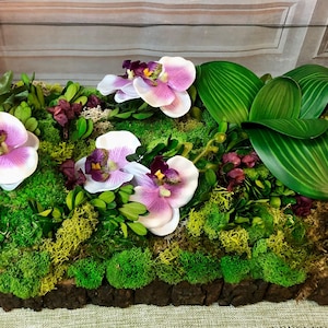 Live Edge Tray Centerpiece: Faux Orchid & Preserved Moss Garden Art