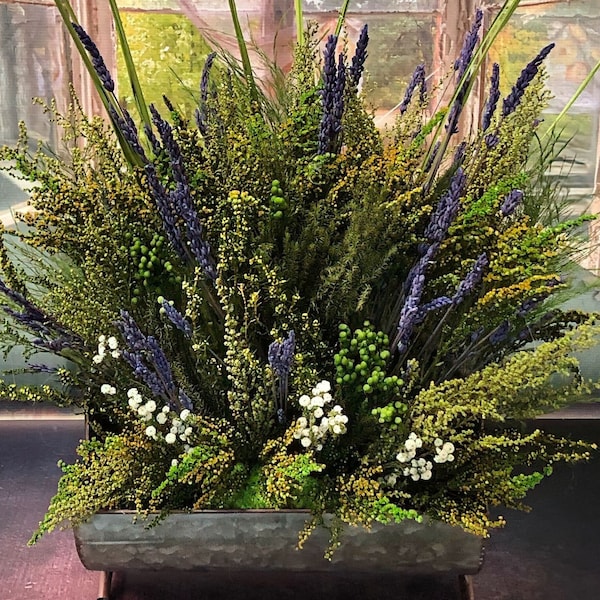 Lg Sweet Meadows Arrangement, Curved Distressed Tin With Feet, Real Preserved Lavender and Greenery, Farmhouse Table Decor