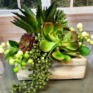Faux Succulents Centerpiece: Green Berries in Rustic Wood Box