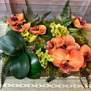 Real Touch Orange Orchid Centerpiece: Preserved Moss in Live Edge Wood Tray