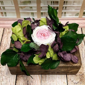 Preserved White Rose Centerpiece: Garden Rose, Hydrangea & Moss in Rustic Wood Mold