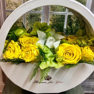 Preserved Real Cymbidium White Orchid and Yellow Roses in White European-Style Flower Box, Mothers Day Flowers, Hatbox, Gift for Mom image 1