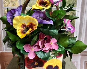 Spring Faux Pansy Bouquet Arrangement, Green Wood Basket with Pansy Seed Packet Accent, Table Decor, Mother's Day Gift