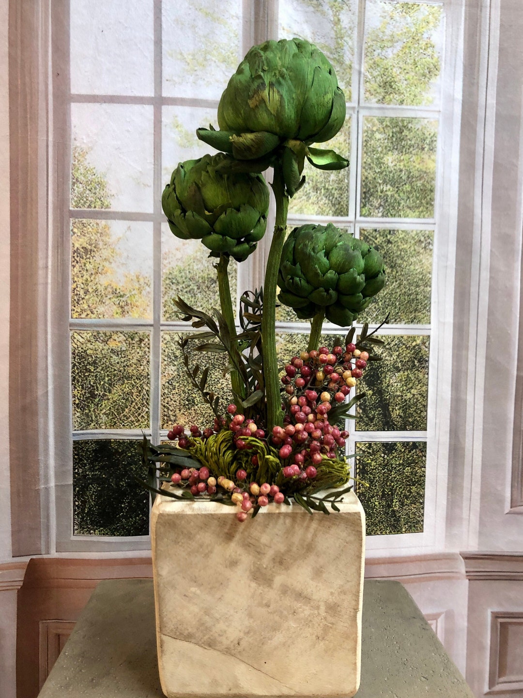Dried Artichokes, Preserved Real Pepper Berries and Real Club Moss Arranged in White Wash