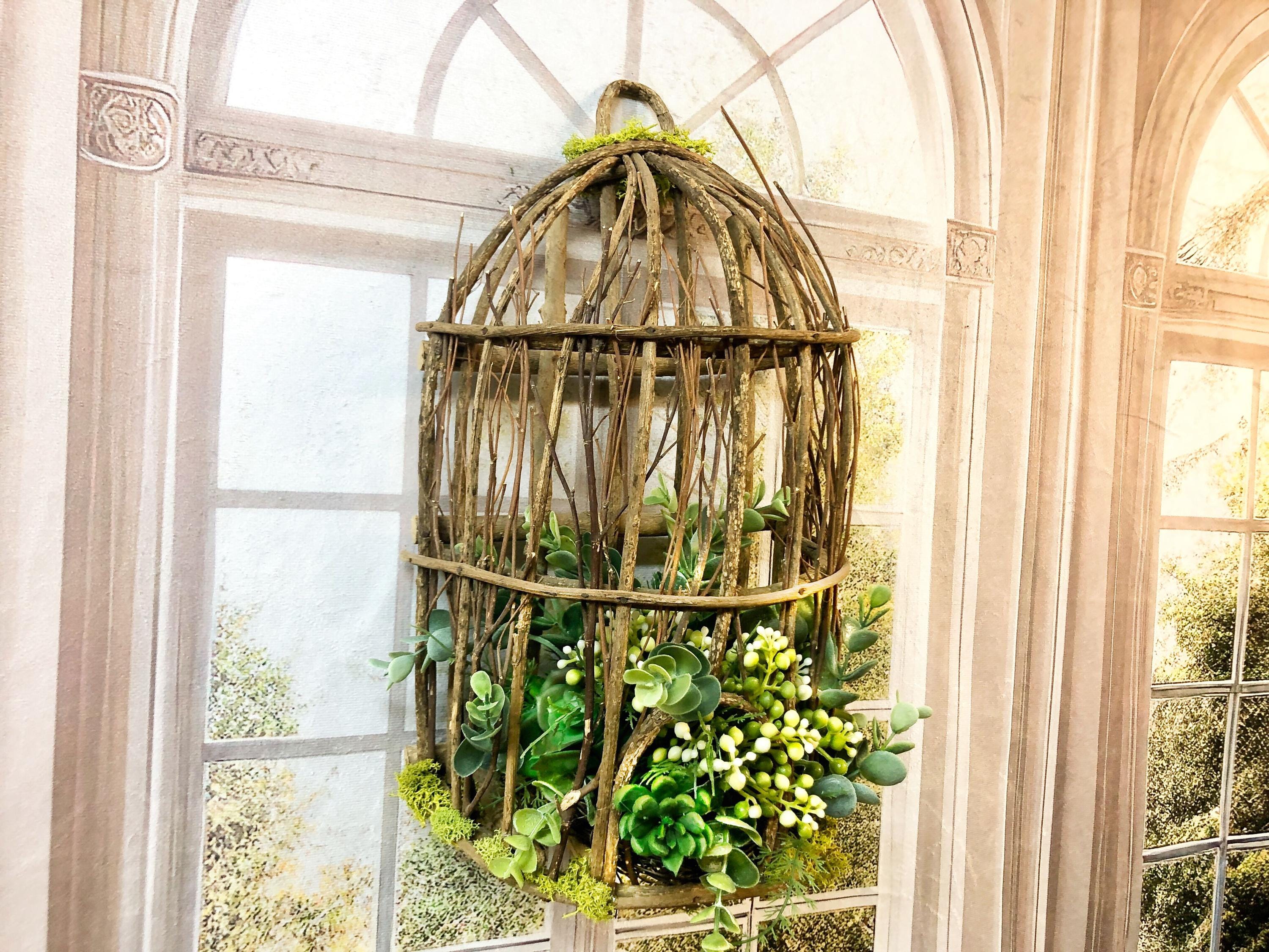 Faux Succulent & Berry Birdcage Arrangement: Rustic Twig Wall Hanger