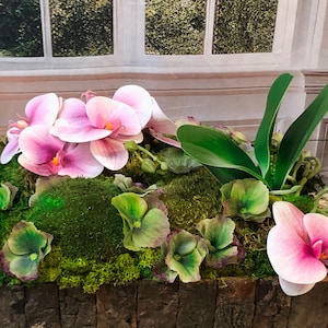 Real Touch Pink Orchid Centerpiece: Preserved Moss in Live Edge Wood Tray