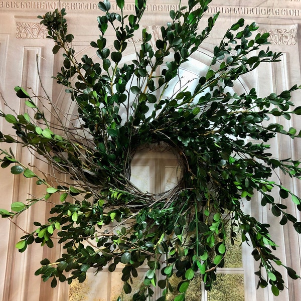 Lg Preserved Boxwood Wreath, Real Preserved Boxwood, Indoor Wreath, Natural Wreath, Wild Birch Twig, Large Wreath, Housewarming Gift
