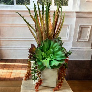 Faux Succulent Centerpiece: Distressed Wood Caddy, Burnt Orange Accents