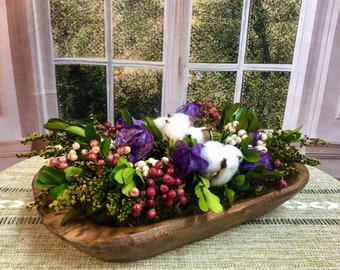 Cotton Pods + Pepper Berries + Tallow Berries, Wooden Bowl, Preserved Real Club Moss, Farmhouse Table Decor, Gift for Her