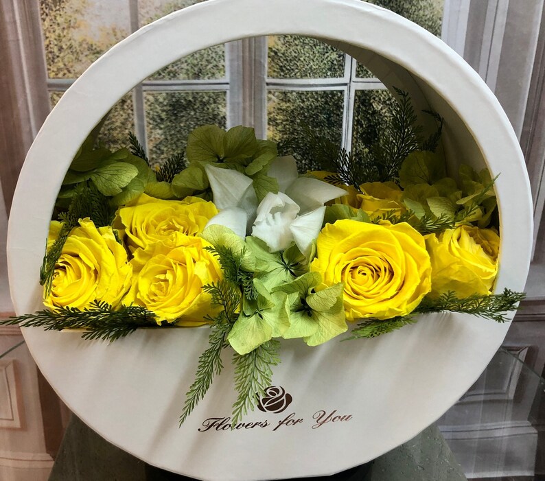 Preserved Real Cymbidium White Orchid and Yellow Roses in White European-Style Flower Box, Mothers Day Flowers, Hatbox, Gift for Mom image 3