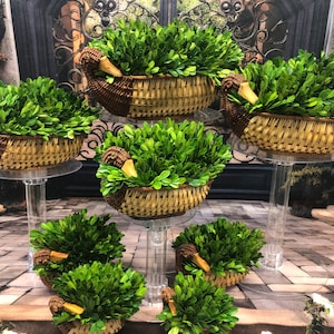 May include: A set of six decorative duck-shaped baskets filled with boxwood greenery. The baskets are made of woven wicker and have a brown and tan color scheme. The baskets are arranged on clear acrylic stands.