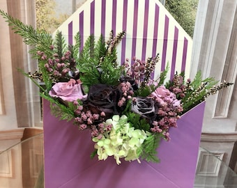 Preserved Lilac Roses Flower Box: Purple Striped Envelope Design, Garden Roses & Hydrangeas