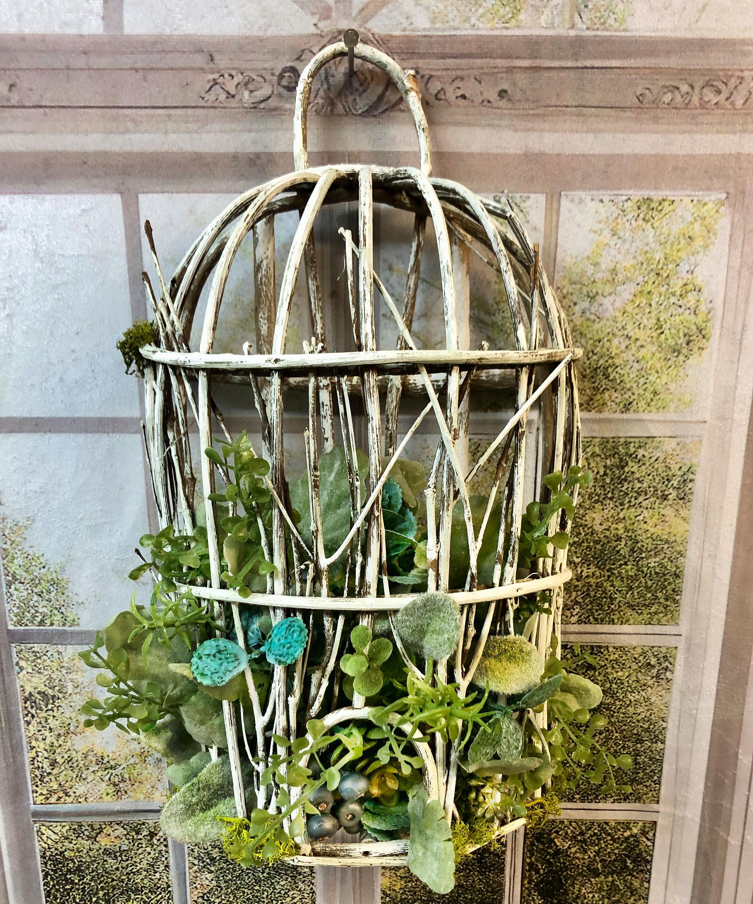 Faux Succulent Birdcage Arrangement: Twig Wall Hanger Centerpiece, Half