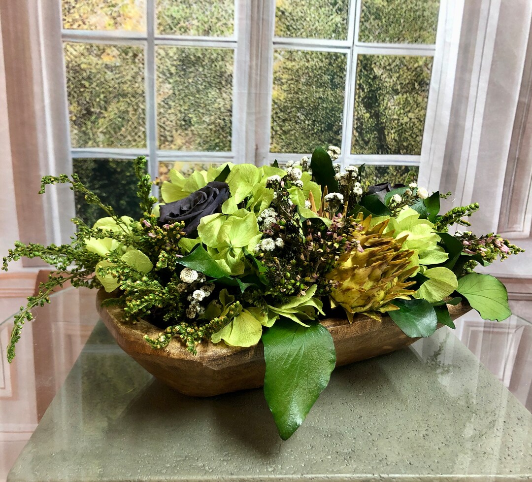 Preserved Garden Cluster Centerpiece, Preserved Roses Dried Artichokes, Wooden Bowl, Home Office