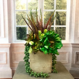 Faux Succulent Centerpiece: Distressed Wood Caddy, Cottage Table Decor, Wine Accents