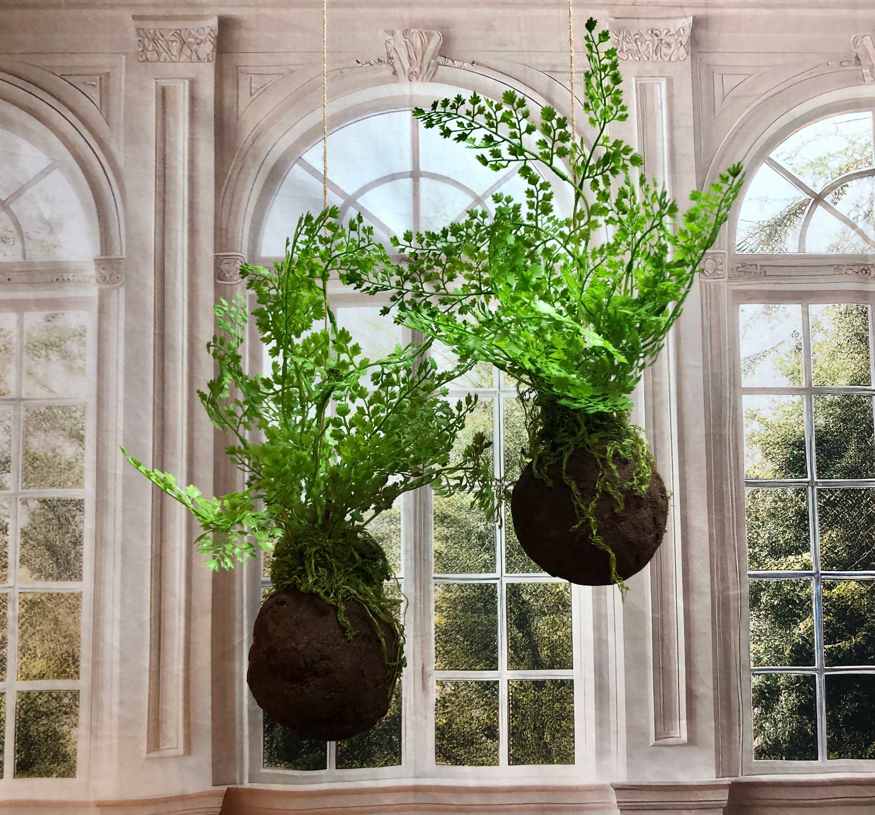 Maidenhair Fern Kokedama: Hanging Faux Moss Ball Arrangement, Zero Care, Artificial Fern
