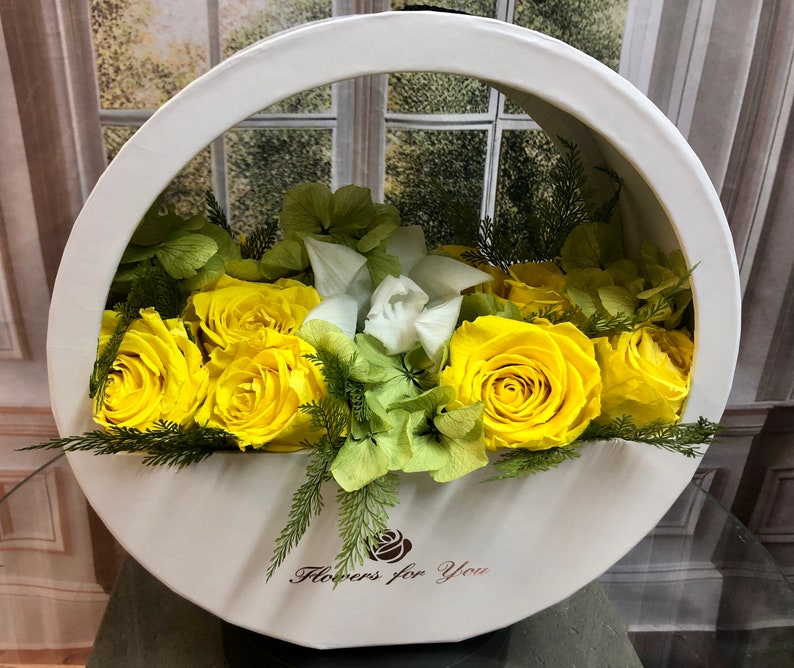 Preserved Real Cymbidium White Orchid and Yellow Roses in White European-Style Flower Box, Mothers Day Flowers, Hatbox, Gift for Mom image 4