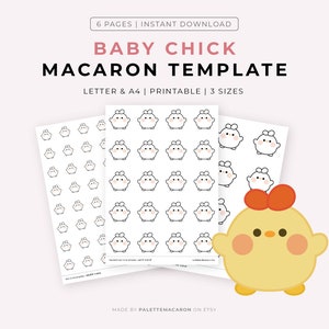 May include: Printable baby chick macaron sticker template with 6 pages in letter and A4 sizes. The template features a cute cartoon chick with a red bow.
