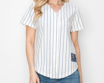 Maillot de baseball personnalisé en coton à fines rayures pour femmes, uniformes d'équipes sportives universitaires jusqu'à 2XL fabriqué aux États-Unis