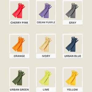 May include: Nine pairs of long rubber gloves in different colors, including cherry pink, cream purple, gray, orange, ivory, urban blue, urban green, lime, and yellow.