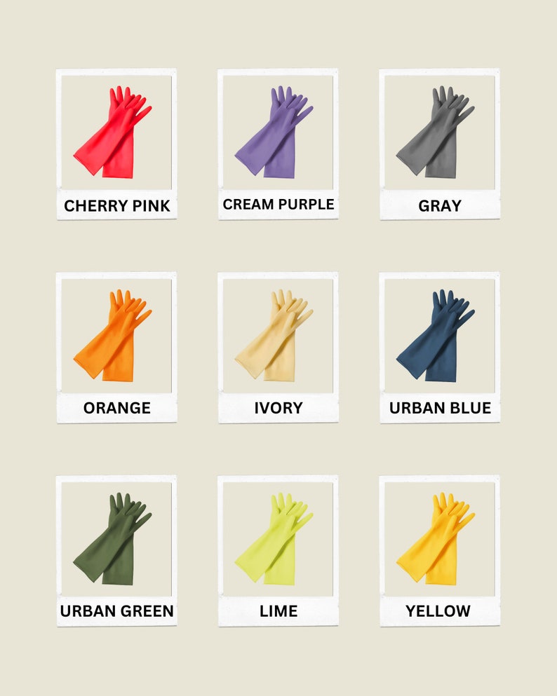 May include: Nine pairs of long rubber gloves in different colors, including cherry pink, cream purple, gray, orange, ivory, urban blue, urban green, lime, and yellow.