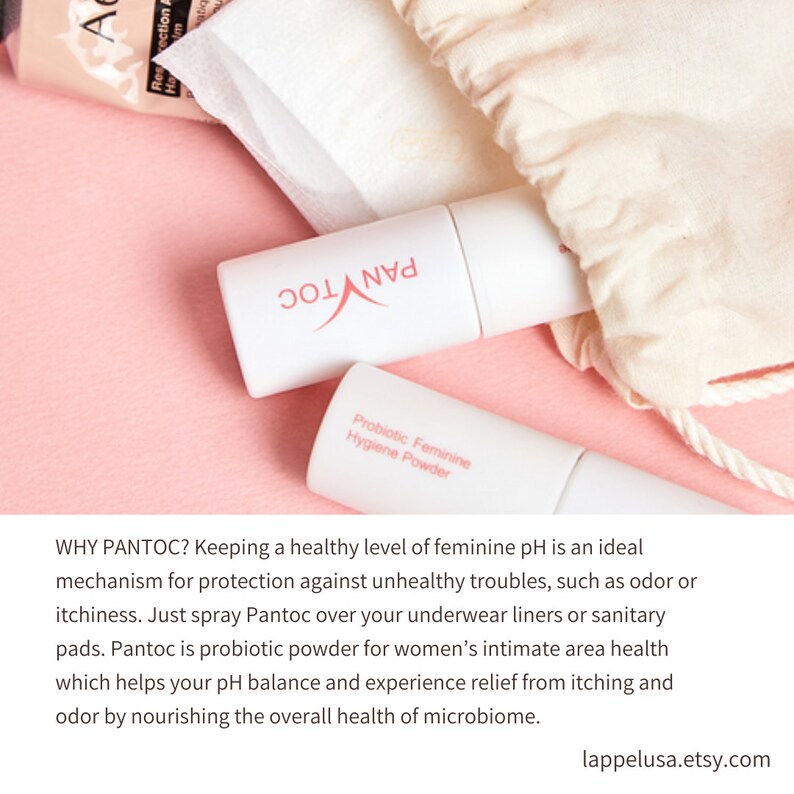 May include: Two white bottles of feminine hygiene powder with the brand name "PANTOC" printed on the bottles. The bottles are on a pink surface with a white cloth bag in the background. The text on the bottle reads "Probiotic Feminine Hygiene Powder".