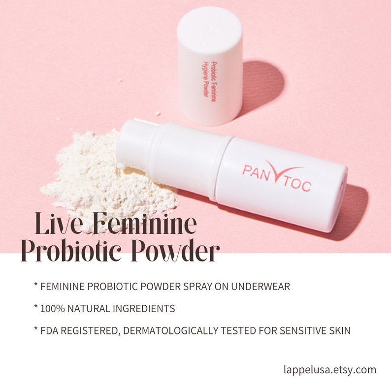 May include: White tube with a pink label that reads "Probiotic Feminine Hygiene Powder" and "PANYTOC". The tube is partially filled with a white powder. The text "Live Feminine Probiotic Powder" is written in black below the tube. The text "* FEMININE PROBIOTIC POWDER SPRAY ON UNDERWEAR * 100% NATURAL INGREDIENTS * FDA REGISTERED, DERMATOLOGICALLY TESTED FOR SENSITIVE SKIN" is written in black below the tube. The text "lappelusa.etsy.com" is written in black at the bottom of the image.