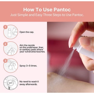 May include: A white bottle with a spray nozzle. The bottle is labeled with the text "How To Use Pantoc" and instructions for using the product. The instructions include opening the cap, aiming the nozzle, and spraying 3-5 times.