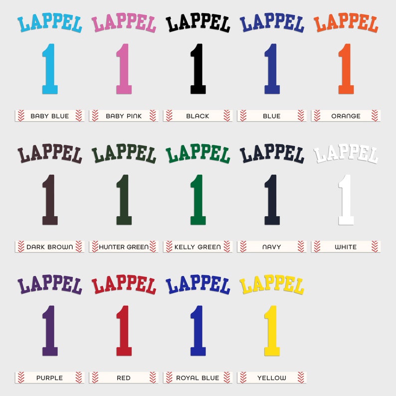Op de afbeelding: Een grafiek met 15 verschillende kleurvariaties van het woord "LAPPEL" met het nummer "1" eronder. De kleuren omvatten babyblauw, babyroze, zwart, blauw, oranje, donkerbruin, jagergroen, kellygroen, marineblauw, wit, paars, rood, koninklijkblauw en geel.