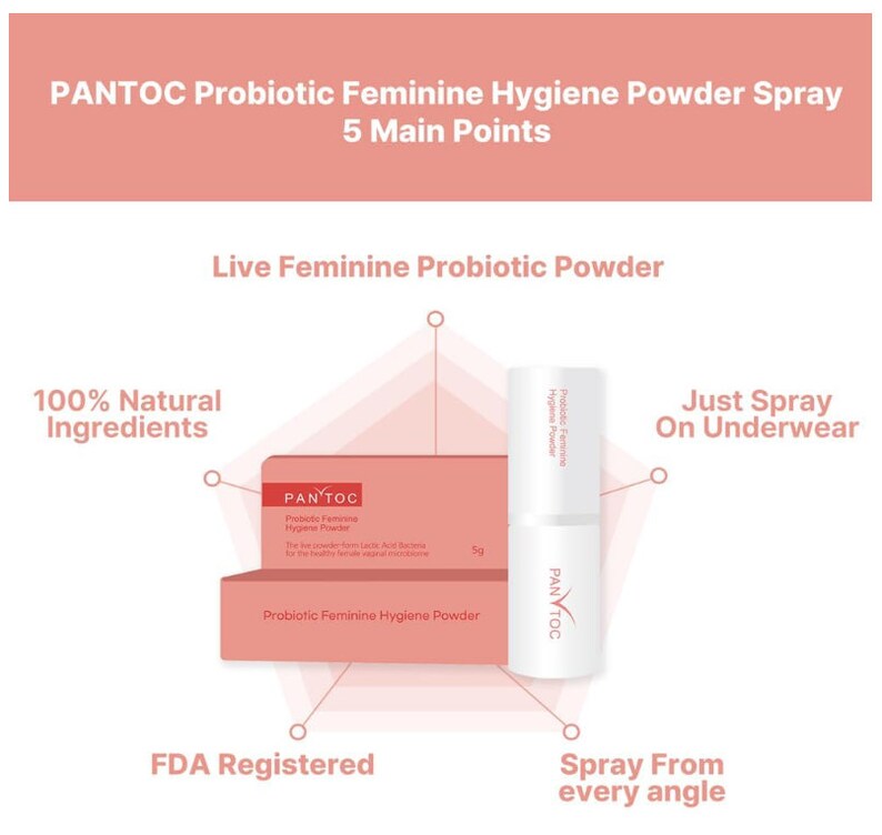 May include: A white and pink infographic with the text "PANTOC Probiotic Feminine Hygiene Powder Spray 5 Main Points" at the top. The infographic shows a white bottle of powder spray with the text "PANTOC Probiotic Feminine Hygiene Powder" on the label. The infographic also includes the text "Live Feminine Probiotic Powder", "100% Natural Ingredients", "Just Spray On Underwear", "FDA Registered", and "Spray From Every Angle".