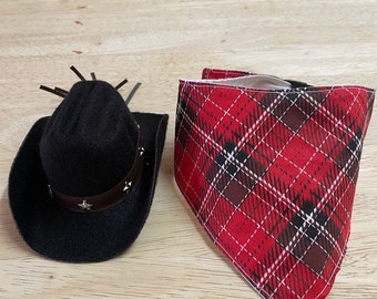 Cat Dog Cowboy Hat and Tartan Bandana Set Cat Dog Cowboy Check costume outfit Pet Cowboy Hat and Neckerchief