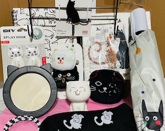 Zwart-witte geschenkdoos kattenliefhebber: handgemaakte armband, paraplu en meer