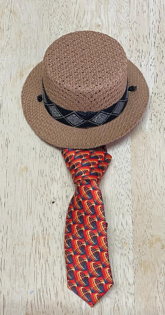Stylish Cat Dog Boater Hat With Neck Tie Matching Set Pet