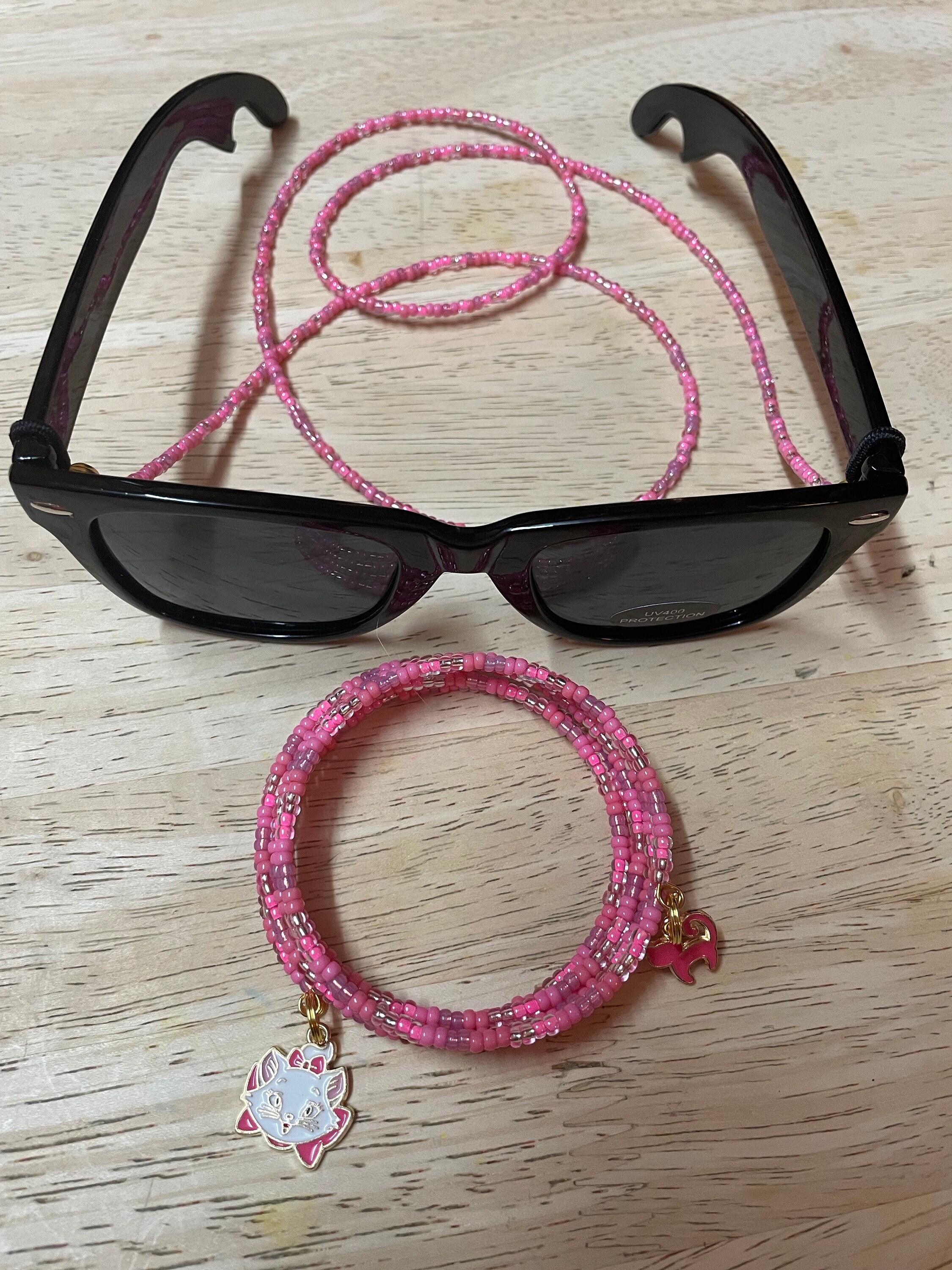 Cat Charm Sunglass Chain & Bracelet Set, Handmade Beaded 
