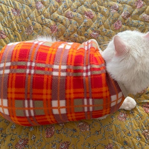 Orange Tartanrutig Fleece Tröja för Husdjur - Varma Katt-/Hundkläder (Storlek 6)