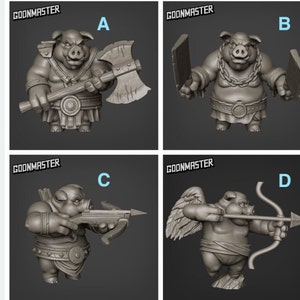 May include: Four different 3D printed figurines of pigs in various poses. The first pig is holding an axe, the second is holding two knives, the third is holding a crossbow, and the fourth is holding a bow and arrow. All of the pigs are wearing armor and have a fierce expression on their faces.