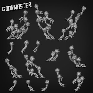 Puede incluir: Una colección de figuras grises, estilizadas, con tentáculos, parecidas a plantas. Las figuras tienen copas bulbosas y múltiples zarcillos. La palabra "GOONMASTER" está impresa en blanco, con texto estilizado en la esquina superior izquierda.