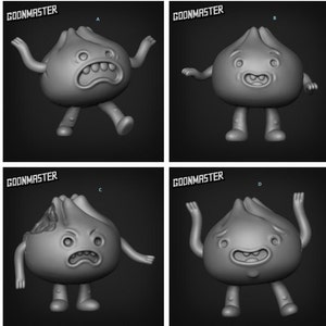 May include: Four different 3D models of a cartoon character that resembles a dumpling. The character has a round body, two small arms, and two small legs. The character's facial expressions vary in each model.