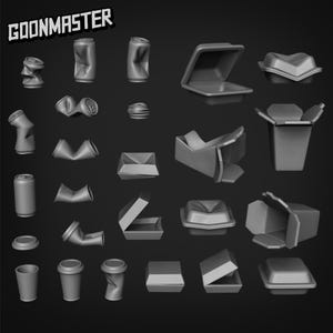 May include: A collection of gray 3D-rendered trash items, including crushed cans, food containers, and disposable cups. The word "GOONMASTER" is printed in the upper left corner.