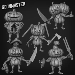 May include: A selection of grey 3D-printed pumpkin figurines, each with distinct characteristics and holding different tools. Some figures have knives, axes, or a fork. One figure has a cat wearing a hat. The text "GOONMASTER" is in the upper left corner.