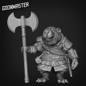 May include: A grayscale figurine of a beaver warrior, wielding a large double-bladed axe. The beaver is wearing armour, with a belt, pouches, and a sidearm. The text "GOONMASTER" is in the upper left corner.