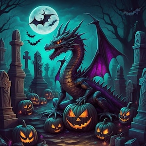 May include: A black dragon with purple wings sits in a graveyard with a full moon in the background.  The dragon is surrounded by jack-o'-lanterns.