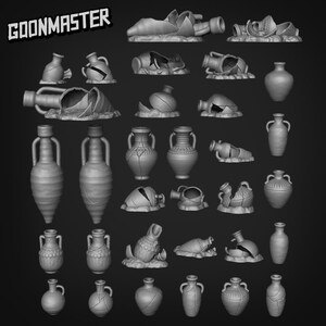 May include: A selection of grey, ancient-style pottery, some whole and others broken, displayed against a dark backdrop. The pottery includes amphorae, vases, and other vessels, with visible cracks and aged textures. The text "GOONMASTER" is in the upper left corner.