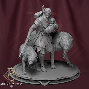 May include: A gray painted miniature figurine of a man holding a baby in his arms. He is wearing a long coat and has a sword strapped to his leg. Two gray painted wolf figurines are standing next to him. The figurines are on a gray painted base.