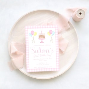Watercolor Baby Girl First Birthday Invitation Pink Gingham | Digital Download | H106